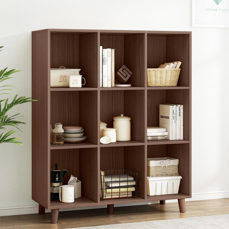 Open Cube Low Bookcase 3 Tier Freestanding Storage Display Cabinet Organizer With Legs For Home Office 9 Cubes Open Shelf Short Bookshelf Walnut